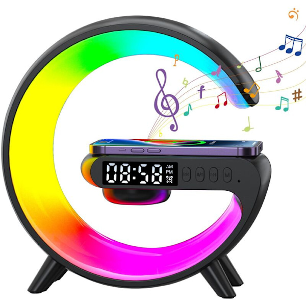 RGB-nattlampa med trådlös laddare, högtalarstöd, TF-kort, väckarklocka, 15W snabbladdningsstation för iPhone, Samsung, Xiaomi, svart