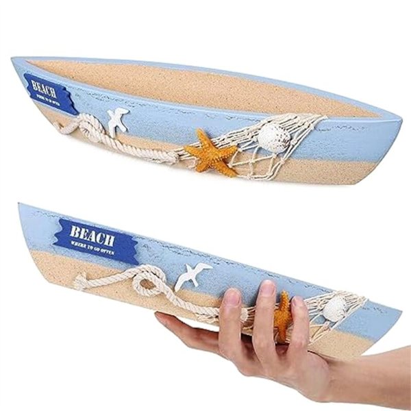 Dekorativ träbåtbricka med segelbåtsmodell, 2-pack, blå båtmodell, nautisk inredning, strand, hav