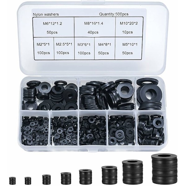 500 st svarta nylonplattbrickor, runda isoleringsbrickor, packningstätning, VVS-sortiment - M2/M2.5/M3/M4/M5/M6/M8/M10