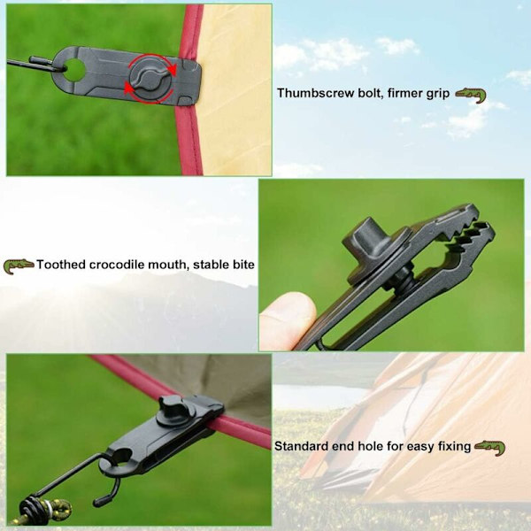 10 st Tarp-klämmor & 10 st Bungee-bollrep & Tillbehör för presenningar, tält, markiser, banderoller