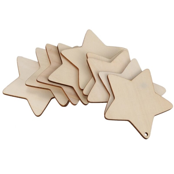 50 stjärnformade träbitar, ljusa trähantverksetiketter med hål (10 cm)
