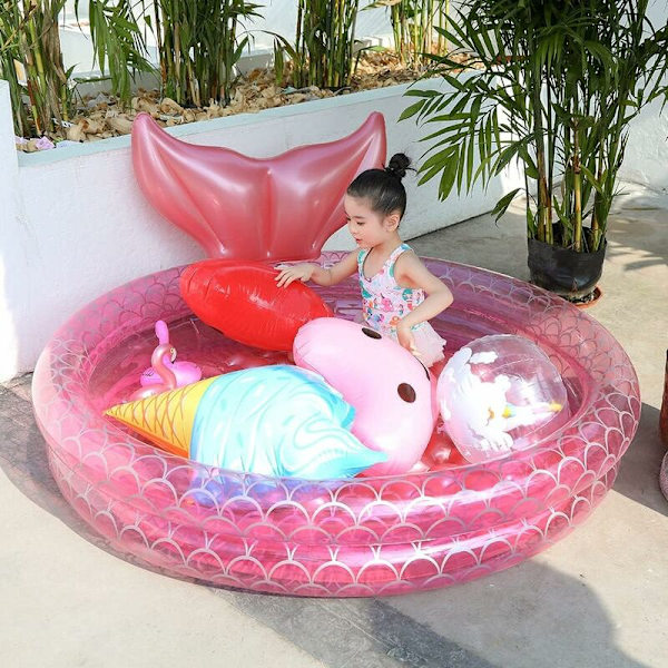 Oppustelig Pool, Oppustelig Havfrue Svømmebassin Hjem Børn Baby Pink Rund Svømmebassin Flydende Luftpude (150cm)
