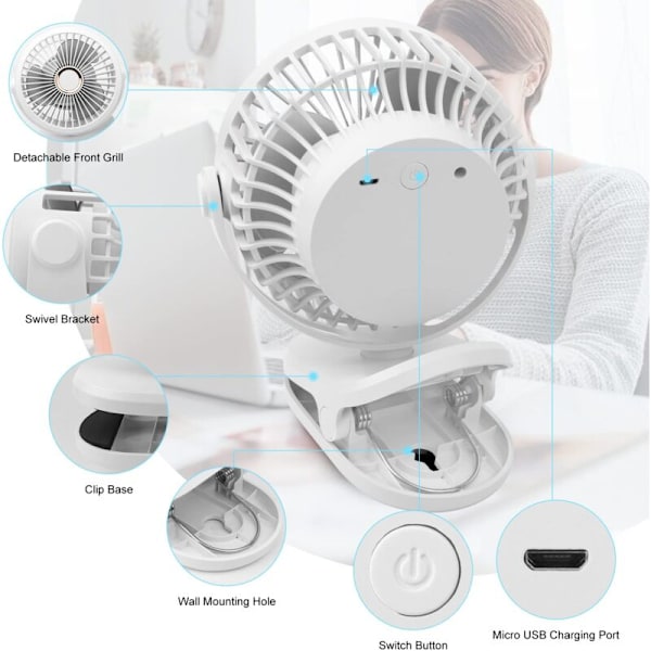USB5000mAh Bærbar Fan Bordventilator Miniventilator Lille Ventilator 720° Rotation