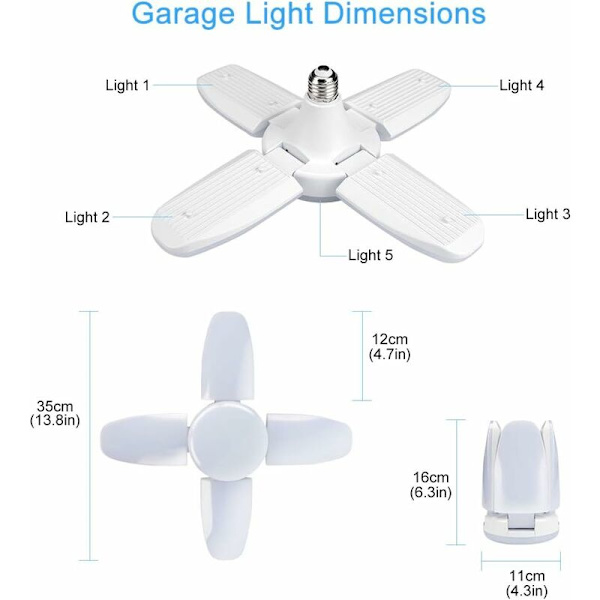 2-pak LED-garagelys, 60W E27 6000K Deformerbar værkstedslampe med 4 justerbare paneler LED-loftslampe til garage, værksted, lager, kælder,