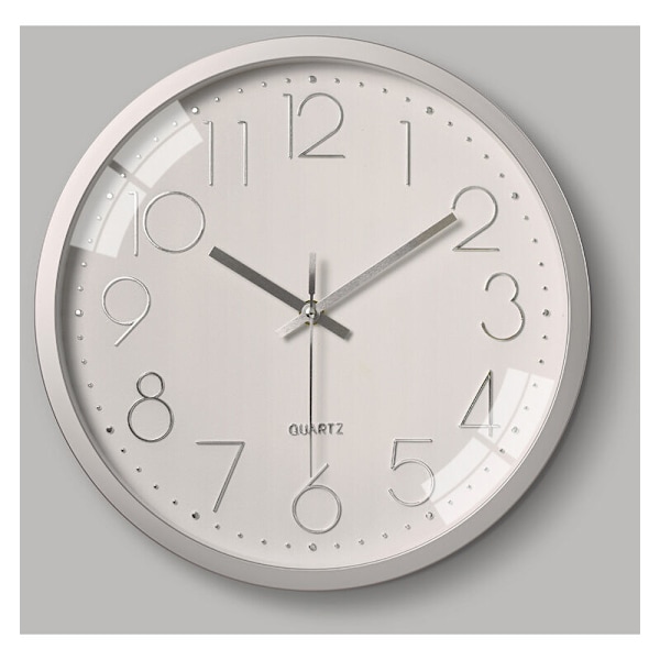 Tyst väggklocka Kreativ Mode Vardagsrum Tredimensionell Digital Skala Klocka Plastklocka 12 tum 30CM Silver ram på Vit bakgrund