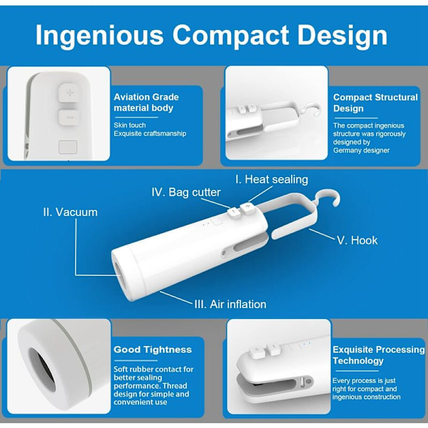 Genopladelig bærbar vakuumforseglermaskine, varmeforsegler, skæreværktøj, oppustningsværktøj, fødevareposebesparende forseglingssystem