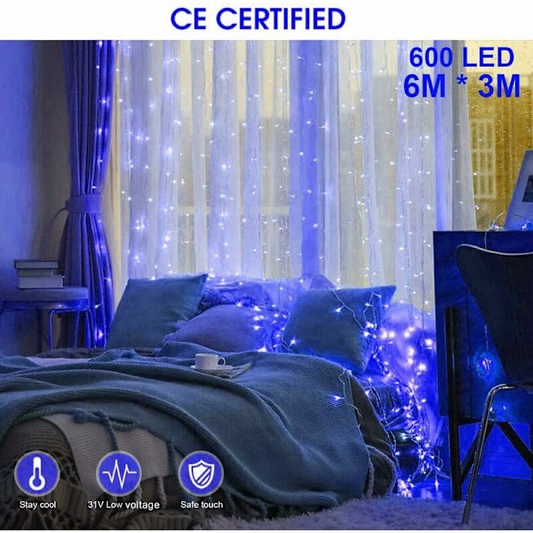 600 LED-verhovalaisu, 6m x 3m, 8 valaistustilaa, vedenkestävä IP44 sisä- ja ulkokäyttöön (sininen).