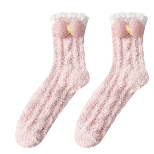 Rosa sløyfesokker, komfortable brede sokker, juletilbehør i ren bomull, høst- og vinterfortykkede korallrøde fleecesokker for kvinner, søt tegneserie