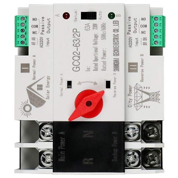 Solenergi Fotovoltaisk Automatisk Transferbrytare Din-skena 2P 63A AC220V PV-system Strömförsörjning till Stadsnät