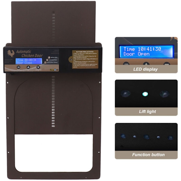 Automatisk Hönshusdörr med Timer, Tillverkad av Aluminiumlegering, IP45 Vattentät, LED-Skärm, Batteridriven, för Gård, Kaffe Brun