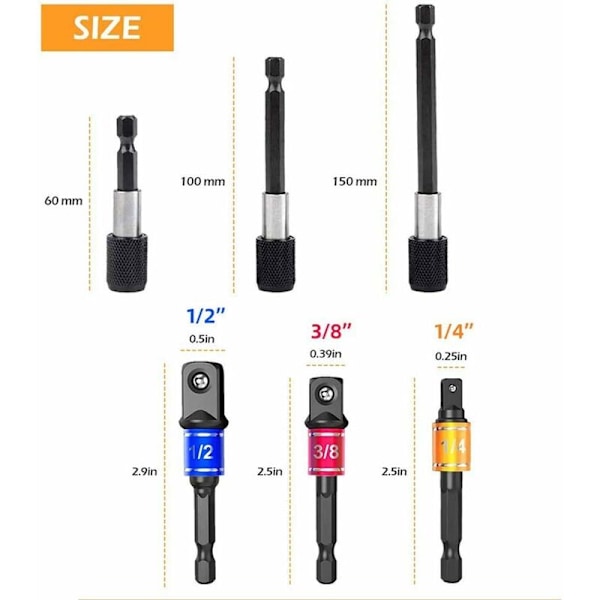 105 Graders Vinkelborr Adapter + 7mm-19mm Universal Ratschborr Adapter + 1/4 \" Flexibel Förlängning Mjuk Axel Borrhållare + 3 Slagsocklar