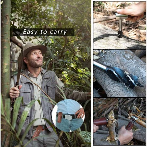 Bushcraft Handborr för Träbearbetning - Multifunktionell Vridborr med Läderfodral, Handöverlevnadsverktyg, Skiftnyckel