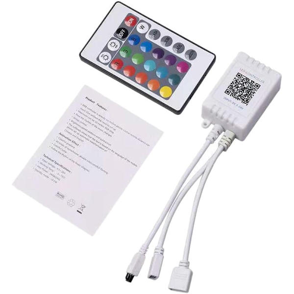 Led lysstripekontroller, RGB LED lysstripekontroller + 24-tasters infrarød fjernbetjening