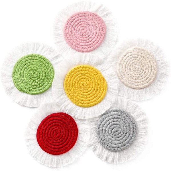 6Pcs Round Boho Macrame Drink Coasters Handwoven Reusable Absorbent Tassels Hot Pads