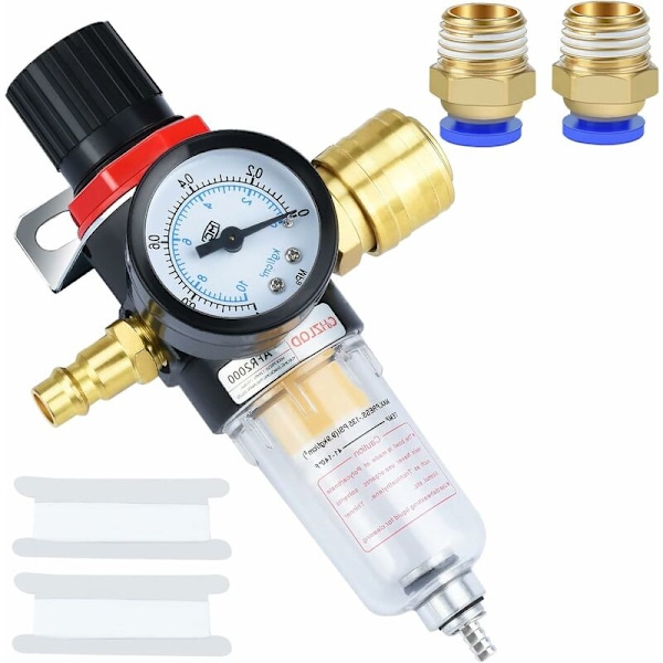 Kompressorfilter og regulator, trykluftregulator, luftfilter, 1/4 BPS trykregulator med vandseparator, tyske hurtigkoblinger og Pr