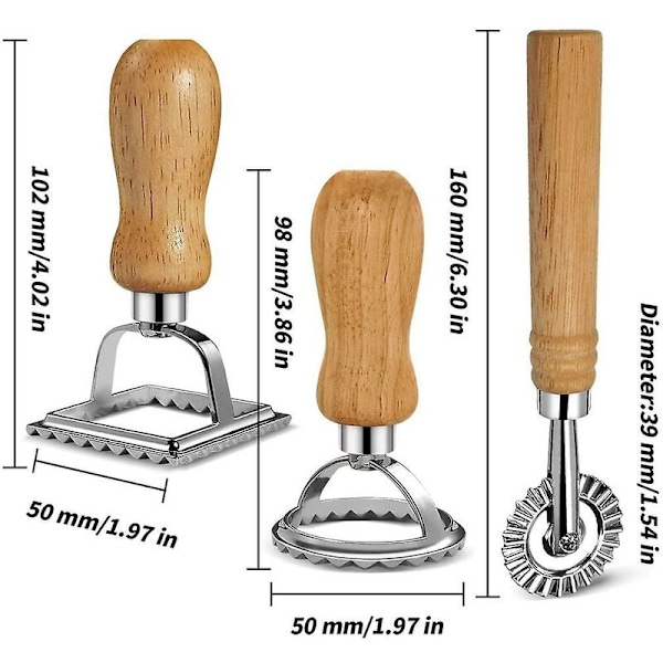 Ravioli Pasta Cutter Sett, Ravioli Stemplemaker med Trehåndtak for Ravioli Pasta Dumpling Lasa