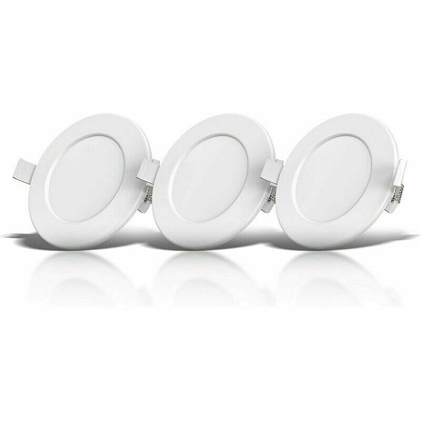 Set med 3 infällda spotlights, speciellt för badrum IP44, skyddad mot stänkvatten, ultraflat, Ø115mm, 6W LED-moduler, varmvit belysning