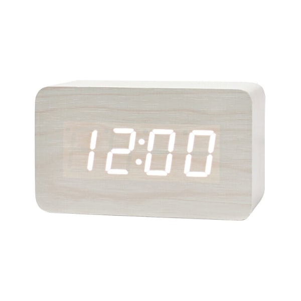 Digital väckarklocka i trä med justerbar ljusstyrka, röststyrning, LED-klocka, rektangulär display, tid, temperatur, heminredning