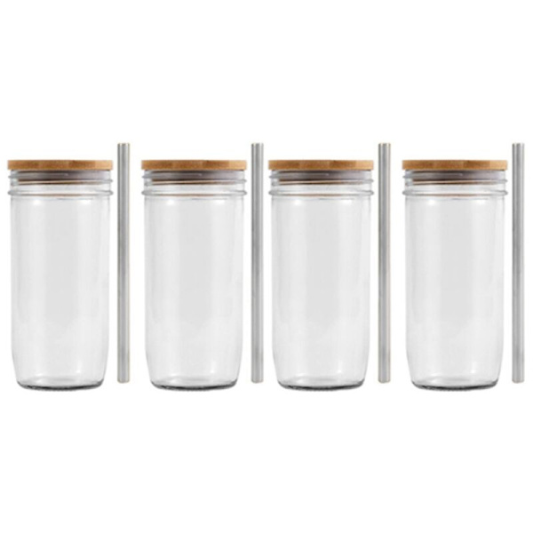 24 Oz Glas Tumlare med Bambulucka och Sugröröppning Masonburk för Smoothies, Juice, Te, Iskaffe