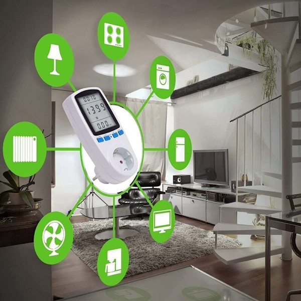 Stikkontakt med energimåler, LCD-display, 16A, 230V, 50Hz, strømforbrug, strømstyrke, spænding, maksimal effekt 3680 W, hvid