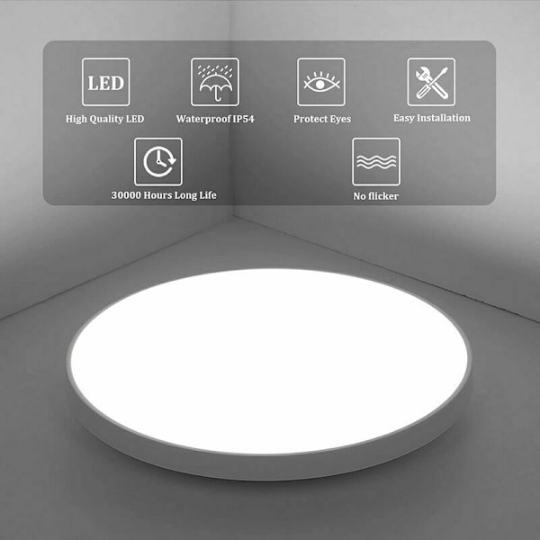 30W Rund LED Loftlampe, IP54 Vandtæt Loftlampe, 6500K Moderne Loftlampe til Badeværelse, Soveværelse, Stue, Køkken, Gang, Balkon