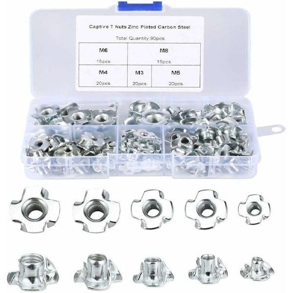 90 stk T-muttere Tre M3/M4/M5/M6/M8 Muttere for Trearbeid Møbler