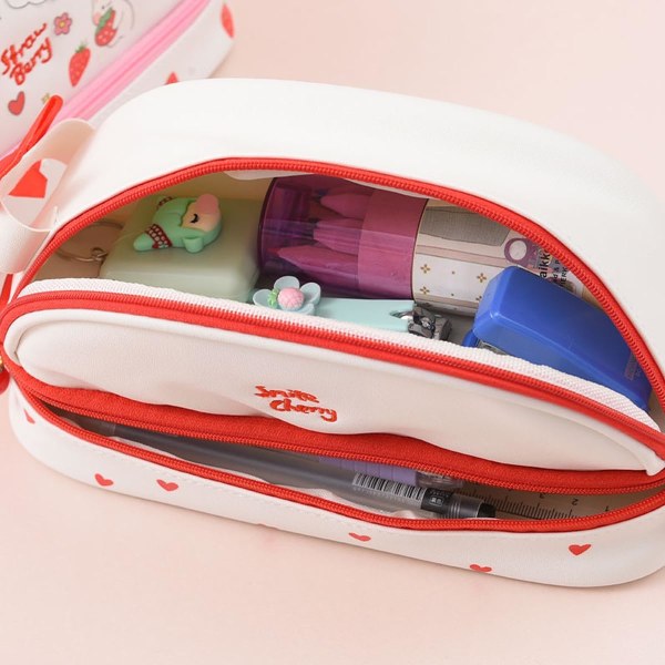 Vaaleanpunainen ja valkoinen mansikka suurikapasiteettinen kynälaukku söpö kynäpidike kawaii paperitavaralaukku meikkikosmetiikkalaukku