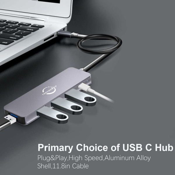 USB C-hubb, 5-i-1 USB-dongel med lång kabel, USB-C-förlängare för bärbar dator (100 W PD, 4 USB-A-portar), USB 2.0-hubb, USB 3.0-hubb, typ C till USB A, Mini-annons