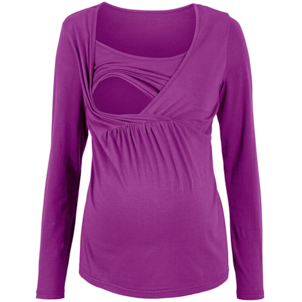Kvinners amming langermet amming T-skjorter T-skjorte lav hals uformell gravid amming amming topper lilla L
