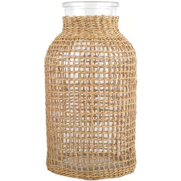 Glasvase med Rattanlåg Kreativ Blomst Bud Vase Rund Vase Landhus Dekoration Blomst Beholder Blomst Arrangement Vedhæng