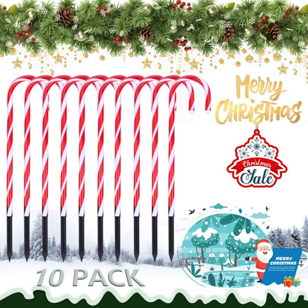 Juldekoration Utomhusbelysning, 10-pack LED-trädgårdslampor i form av en sockerrörsjulgran, Utomhusbelysning Godis