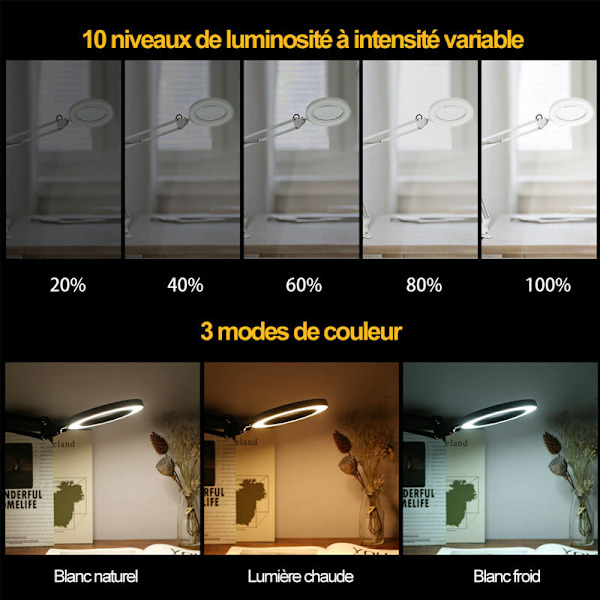 Klemmebordlampe, skrivebordslampe, med 8x forstørrelsesglass, svingarm, dimbar LED, 3 fargemoduser, 10 lysstyrkenivåer -