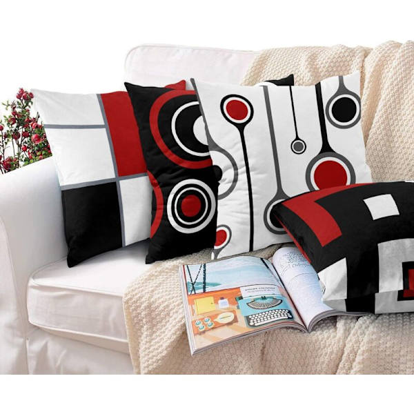 Sett med 4 18 x 18 tommers putetrekk Moderne abstrakt rød svart hvit og grå bølgete vertikale striper polka dots polyester putetrekk firkantet
