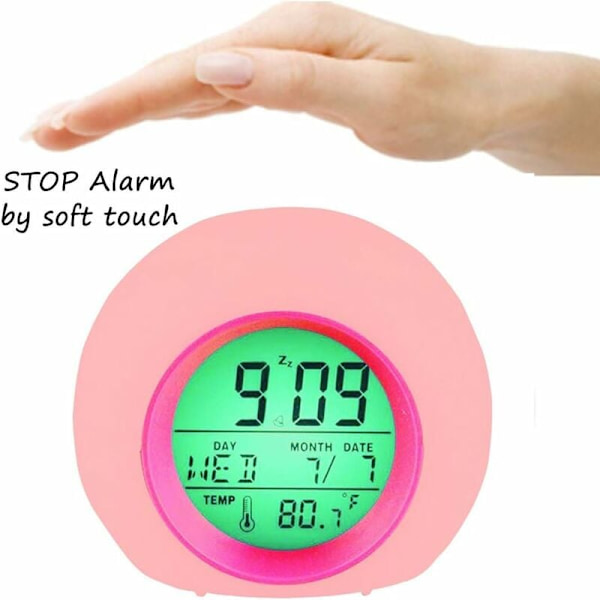 Digital väckarklocka för barn, LED med väckningsljus, snooze-funktion, naturliga väckningsljud, bakgrundsbelysning, temperatur, display, rosa HIASDFLS