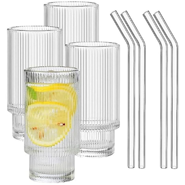 Vintage Ribbed Glass Drinking Glasses - 16 Oz Vintage Stackable Glass Drinkware med sugrör 4 Set