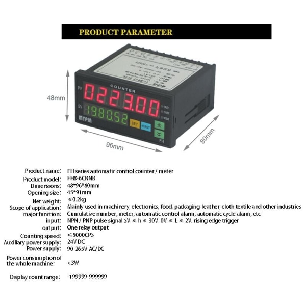 MYPIN Tæller Mini Længde Batch Tæller 1 Forudindstillet Relæ Output Tæller Praktisk Længde Meter 90-260V AC/DC Time Maskine