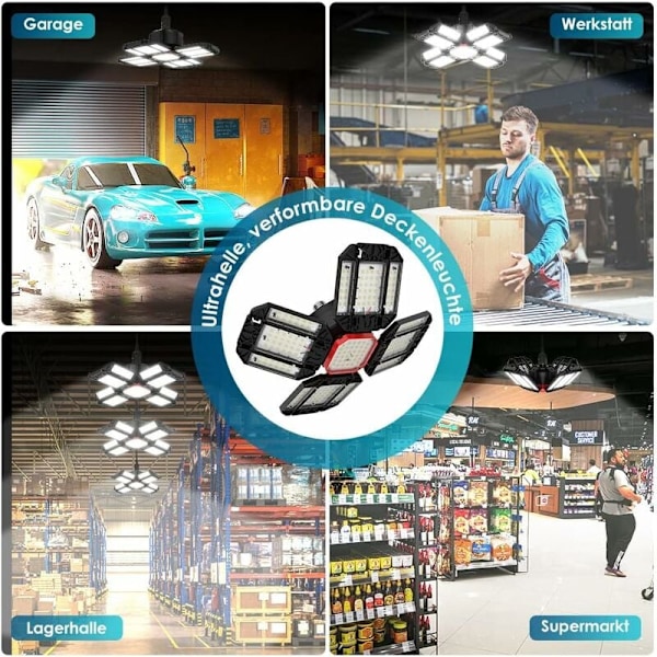 LED Verkstedlampe Garasjelys 2 stk, Deformerbar Taklampe med 12 Justerbare Paneler - E26 / E27 Bay Light for Kjølerrom Lager Verksted