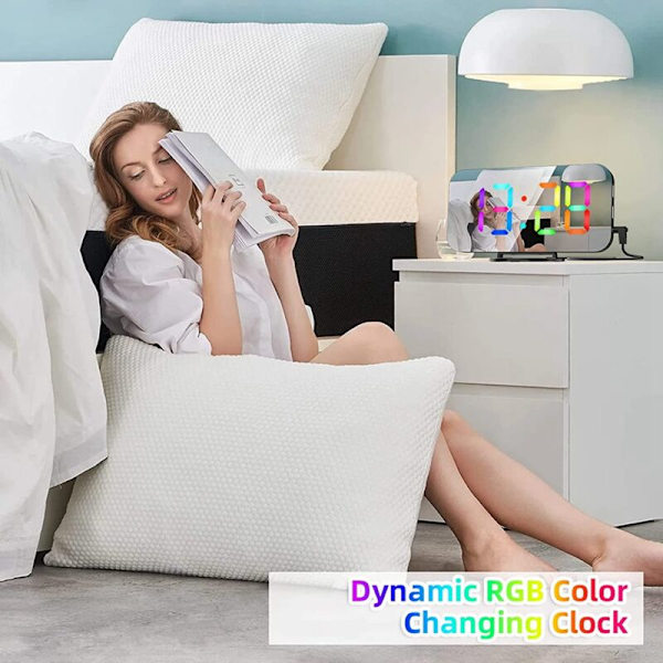 RGB digital väckarklocka för sovrum, 6,5 tum HD och spegelscreen med 4 RGB-färgväxling och 7 vanliga färgciffror B