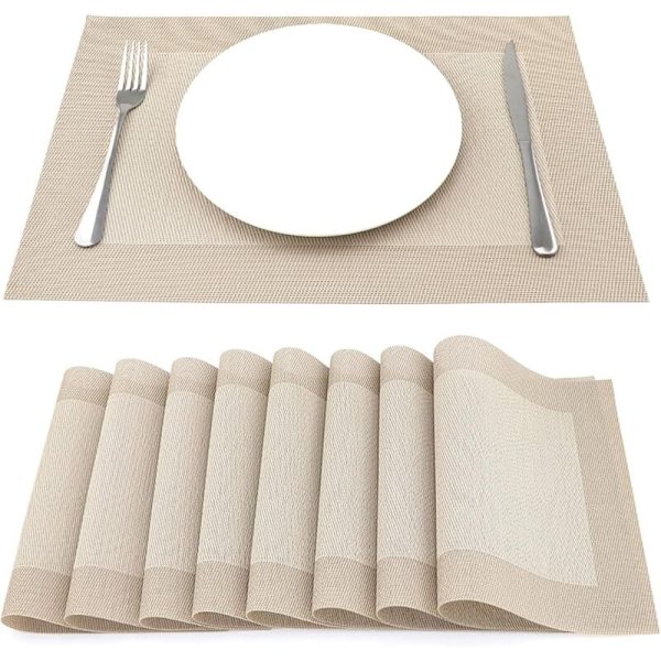 8 kappaleen setti lämmönkestäviä vinyylialustoja, kudottu keittiön alustoille 45 cm 30 cm, beige