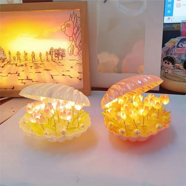 DIY Skjell Tulipan Nattlys Håndlaget DIY Tulipan Jente Stue Nattlys Skrivebordslampe Romantisk Atmosfære Lampe-Hvit