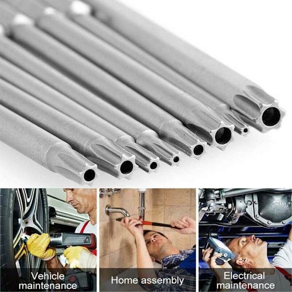 Skruetrækker Bit Holder Stål Torx Skruetrækkersæt med Magnetisk Hoved Sikkerhed Hex Skaft T8-T40 S2 100mm 6.35MM(1/4) 8stk