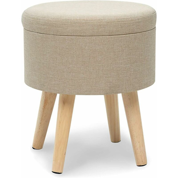 Suhu Ottoman Puff Fotölj Rund Puff Förvaringsfåtölj Linnetyg Fåtölj Låg Klädsel Vardagsrum Design Beige Massiva Träben HIASDFLS