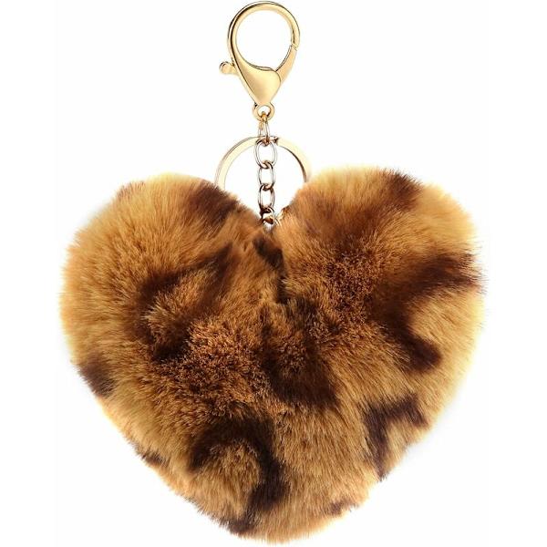 Fluffy blød plys hjerteformet nøglering (leopard brun)-