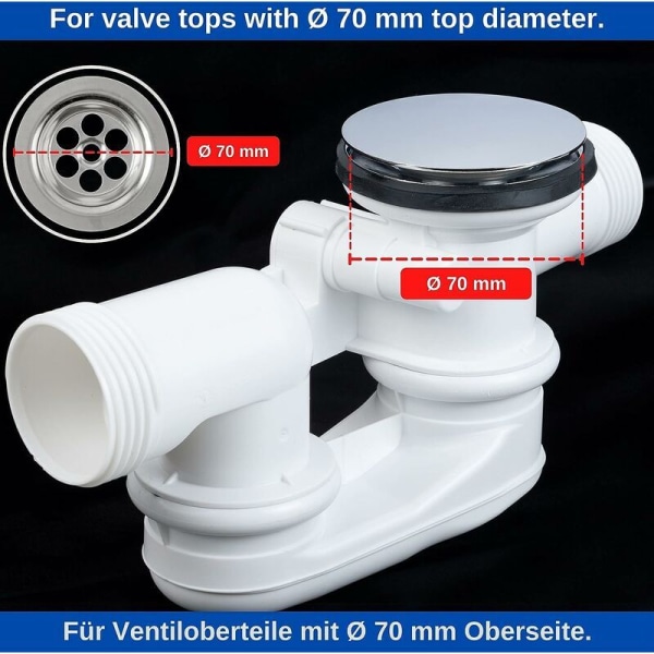 Badkarsavlopp, Ø 70 mm, med dubbel tätning, höjdjusterbar, universell badkarsavlopp, handfatsspjäll, tillverkad av härdat mässing med kromfinish, rost