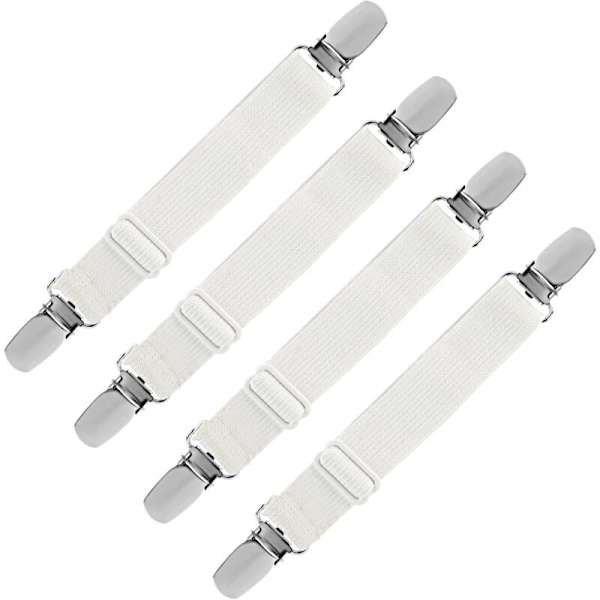 Elastisk lakansträckare, justerbar fästrem för lakan, soffa, strykjärnsöverdrag (vit, 4-pack)