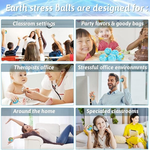 Paket med 20 jordstressbollar, 2,5 tum tema squeezebollar, squeeze ångest fidget sensoriska bollar