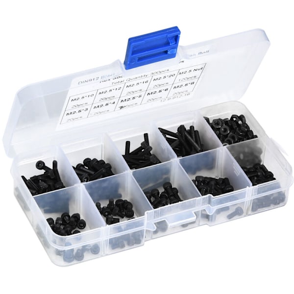 300 st M2.5 x 3-20 mm 12.9 Grade Legering Stål Svart Hex Socket Huvud Skruv Bult med Mutter