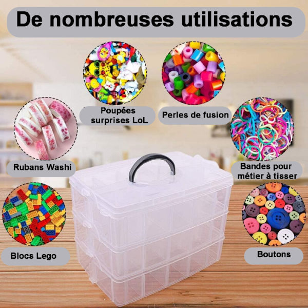 3-lags Stabelbar Klar Plastik Opbevaringsboks, Opbevaringsboks med 30-rum Opbevaringslåg, Plastikboks til Legetøj, Smykker, Håndværk