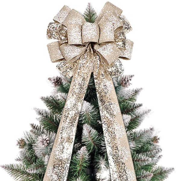 Juletre sløyfe topper snøfnugg håndlaget tre topper stor dekorativ sløyfe med snorkant Juletre krans feriedekorasjon (champagne