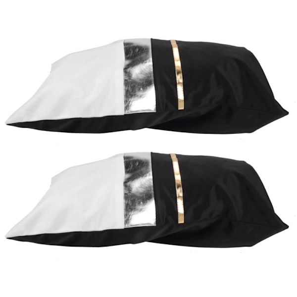 Svart Patchwork Sammet Ländryggskuddeöverdrag med Gyllene Rand Läderkudde för Sovrum Soffa Dekoration 2-pack
